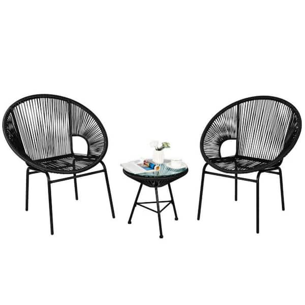 Clihome Black 3-Piece Plastic Patio Acapulco Furniture Outdoor Bistro Set with Glass Table
