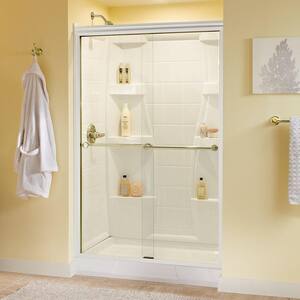 Crestfield 48 in. x 70 in. Semi-Frameless Traditional Sliding Shower Door in White and Brass with Clear Glass