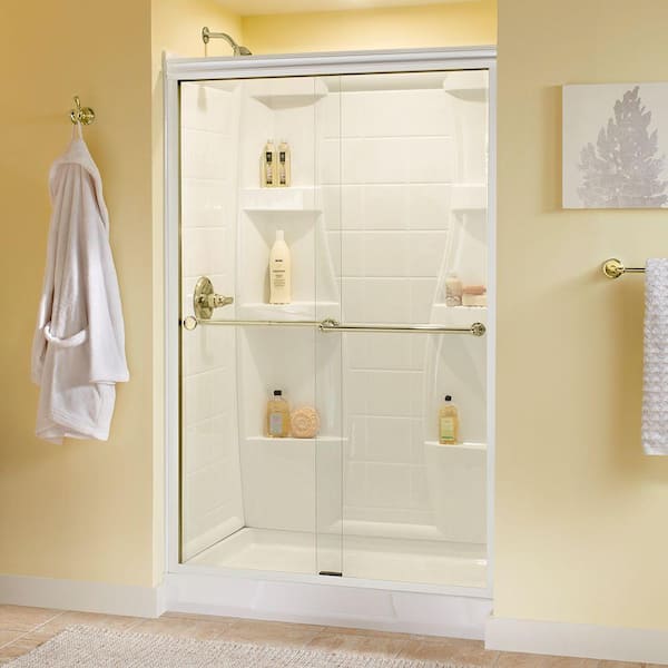 Delta Crestfield 48 in. x 70 in. Semi-Frameless Traditional Sliding Shower Door in White and Brass with Clear Glass