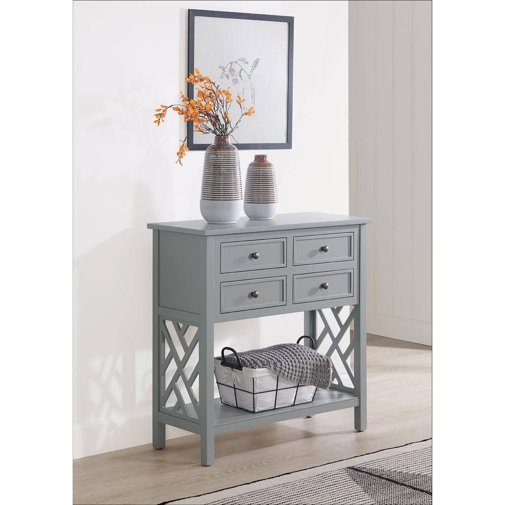 Gray Wood Console Table with 4 Drawers and Shelf
