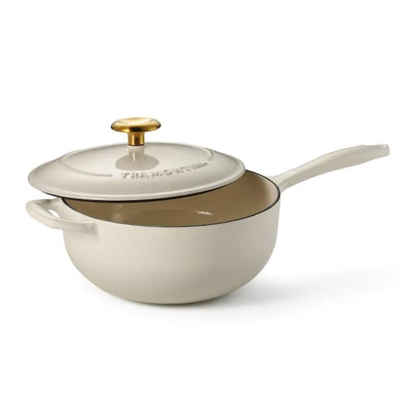 Tramontina 3 qt. Enameled Covered Cast Iron Saucier With Lid-Latte with Gold Knob