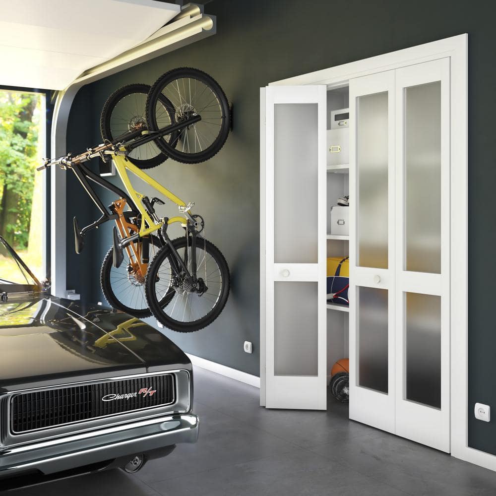 White Primed Solid Core Frosted Glass Bi-Fold Door with Hardware