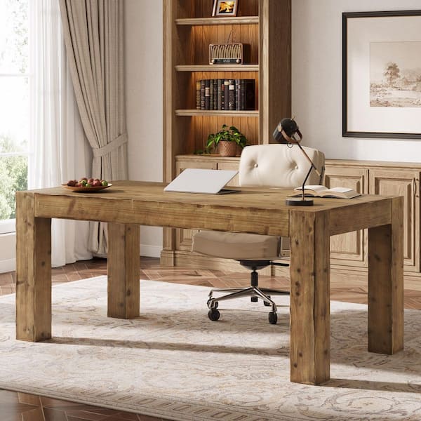 Halseey 63 in Extra Long Double Rectangular Brown Real Solid Wood Computer Desk Home Office Writing Study 2-Person Table