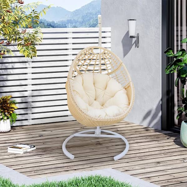 37 in. W Beige Wicker Rattan Freestanding Patio Swing Egg Chair CushionStand