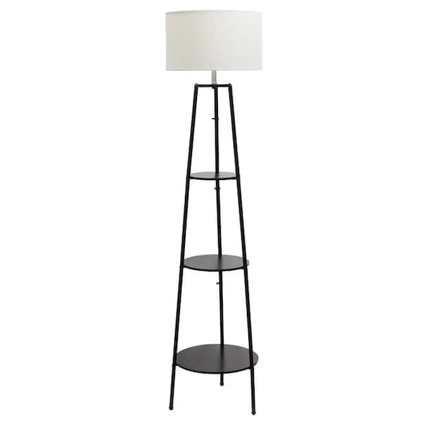 Simple Designs 62.5 in. Black Tall Modern Tripod 3 Tier Shelf Standing Floor Lamp with White Drum Fabric Shade