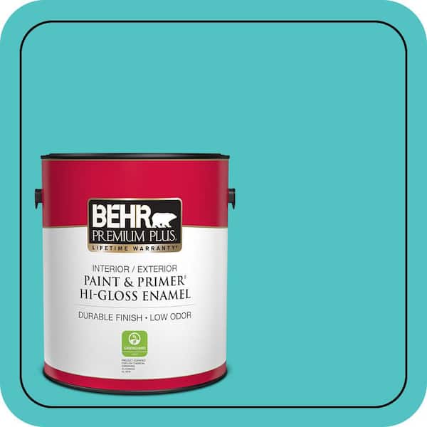 BEHR PREMIUM PLUS 1 gal. #500B-4 Gem Turquoise Hi-Gloss Enamel Interior/Exterior Paint & Primer