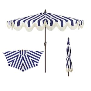 Beverly 9 ft. Scalloped Fringe Half Market Patio Umbrella with Crank, Push Button Tilt and UV Protection in Navy/White