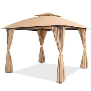 10 ft. x 10 ft. Khaki Outdoor Patio Gazebo with Unique Arc Roof and Privacy Curtains