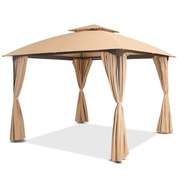 LAUSAINT HOME 10 ft. x 10 ft. Khaki Outdoor Patio Gazebo with Unique Arc Roof and Privacy Curtains