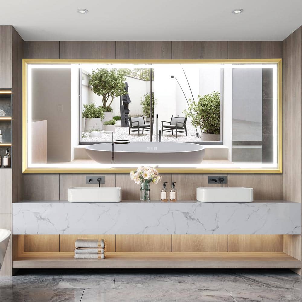 96 in. W x 48 in. H Large Rectangular Metal Framed Dimmable AntiFog Wall Mount LED Bathroom Vanity Mirror in Gold price history on PriceWatchPro