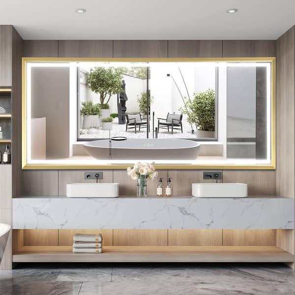 Andrea 96 in. W x 48 in. H Large Rectangular Metal Framed Dimmable AntiFog Wall Mount LED Bathroom Vanity Mirror in Gold