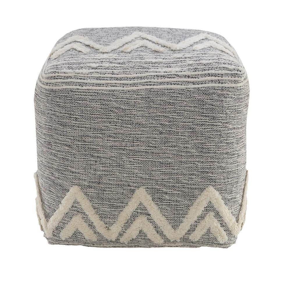 Gray and Ivory Tufted Geometric Square Pouf, 16"