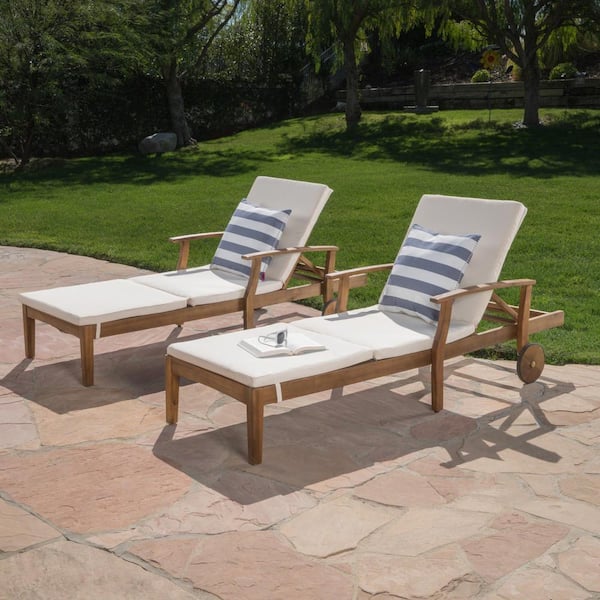Noble House Giancarlo Teak 2-Piece Wood Outdoor Chaise Lounge with Cream Cushion