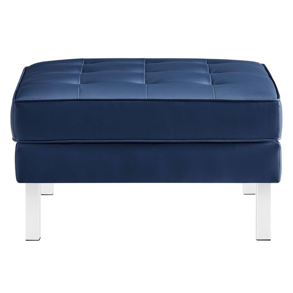 Silver Navy Tufted Faux Leather Ottoman with Stainless Steel Legs