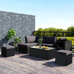 5-Piece Wicker Patio Conversation Set with Adjustable Chair and Gray Cushions