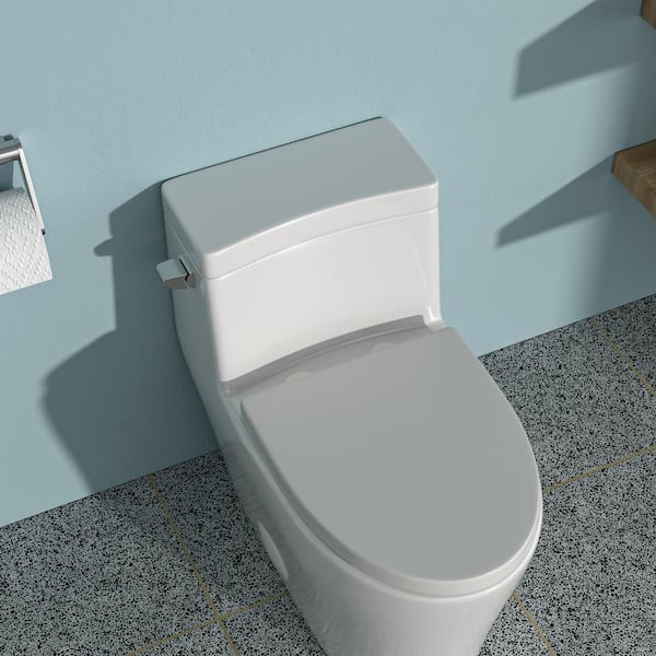 OLUMAT 12 in. 1-Piece 1.28/1.6 GPF Single Flush Elongated Toilet in White-5 with Slow-Drop Cover and Lateral Press