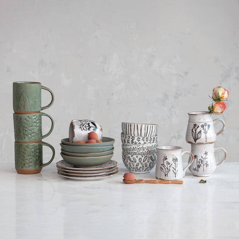 Set of 4 White Ceramic Mugs with Floral Designs