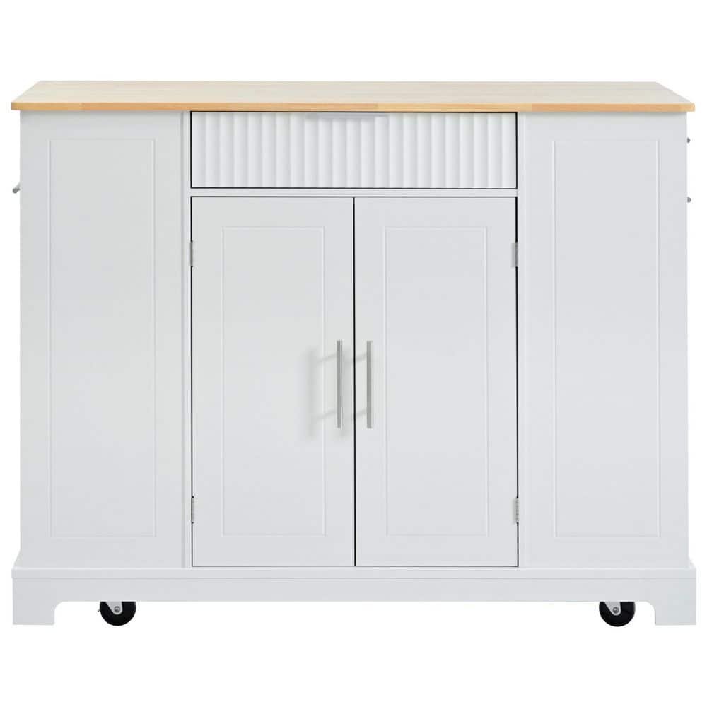 White Rubber Wood Kitchen Cart with Power Outlet and Adjustable Shelf