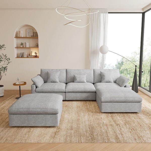 120 in. Square Arm 5-Piece Linen Upholstered Cloud Modular Sectional Sofa 3-Seater w/ Ottoman, Washable Covers in Gray