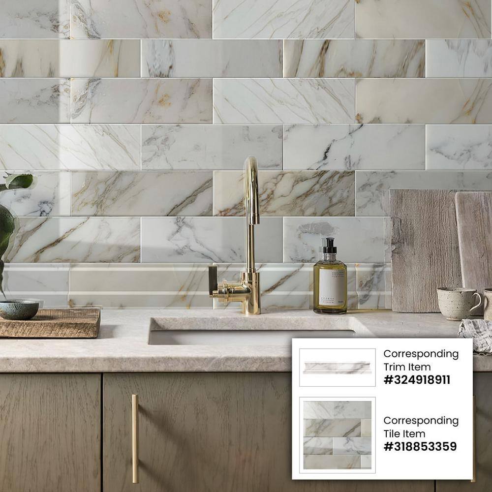 4" x 12" Polished White Marble Subway Tile
