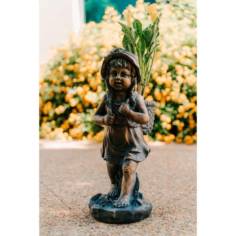 24" Faux Bronze Magnesium Oxide Girl Garden Statue with Plant Pot