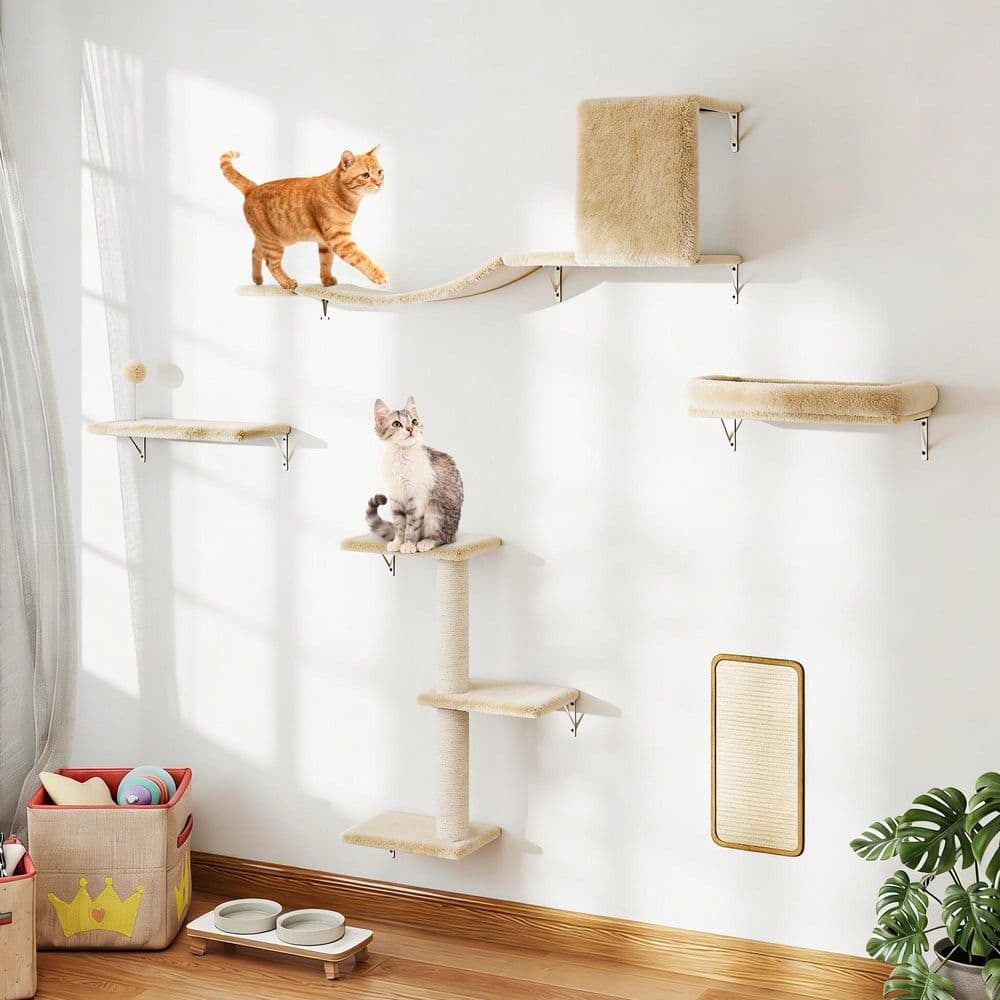5-Pieces Wall-mounted Cat Tree Shelves, Scratching Post
