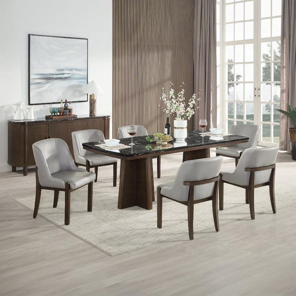 ACME Furniture ダイニングテーブル Acme Furniture Flora Walnut and Black Natural Marble Top 84 in