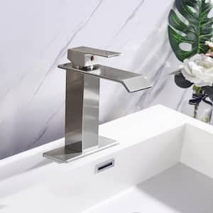Single Hole Single Handle Low-Arc Bathroom Sink Faucet with Waterfall Spout Lavatory Faucet in Brushed Nickel