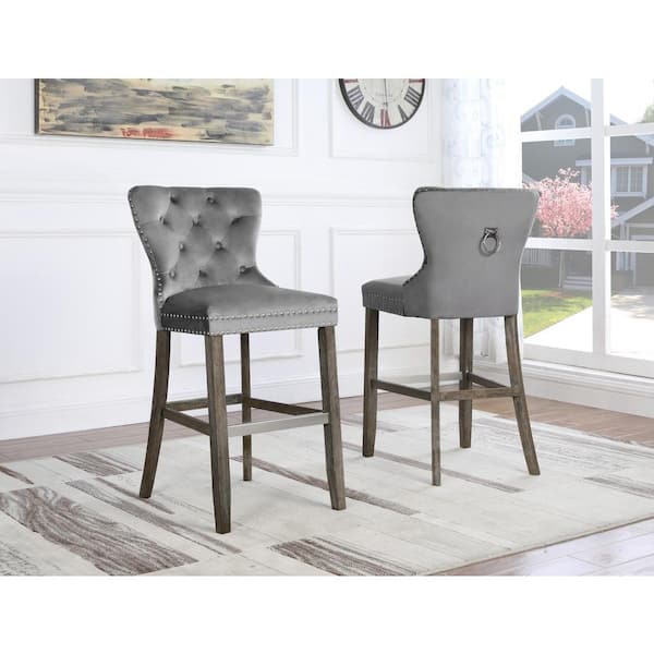 Maya 29 in. H Dark Grey Velvet Upholstered Full Back Bar Stool with Wood Legs, Nail Head Trim and Back Ring (Set of 2)