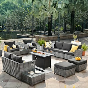 Eufaula Gray 13-Piece Wicker Modern Outdoor Patio Fire Pit Conversation Sofa Seating Set with Black Cushions
