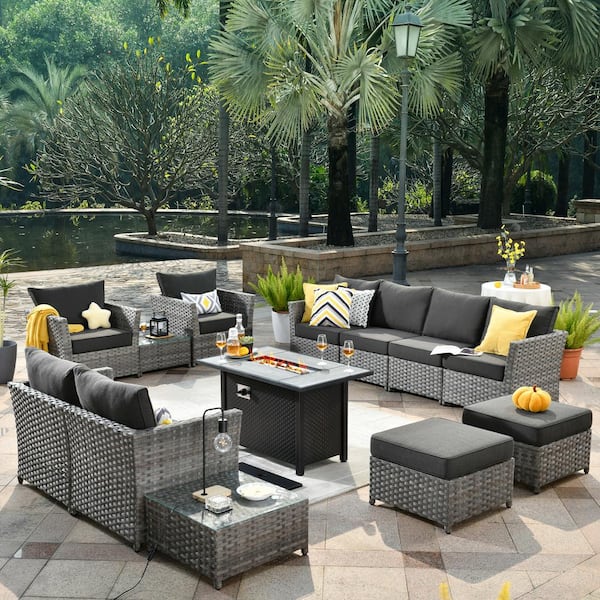 Toject Eufaula Gray 13-Piece Wicker Modern Outdoor Patio Fire Pit Conversation Sofa Seating Set with Black Cushions