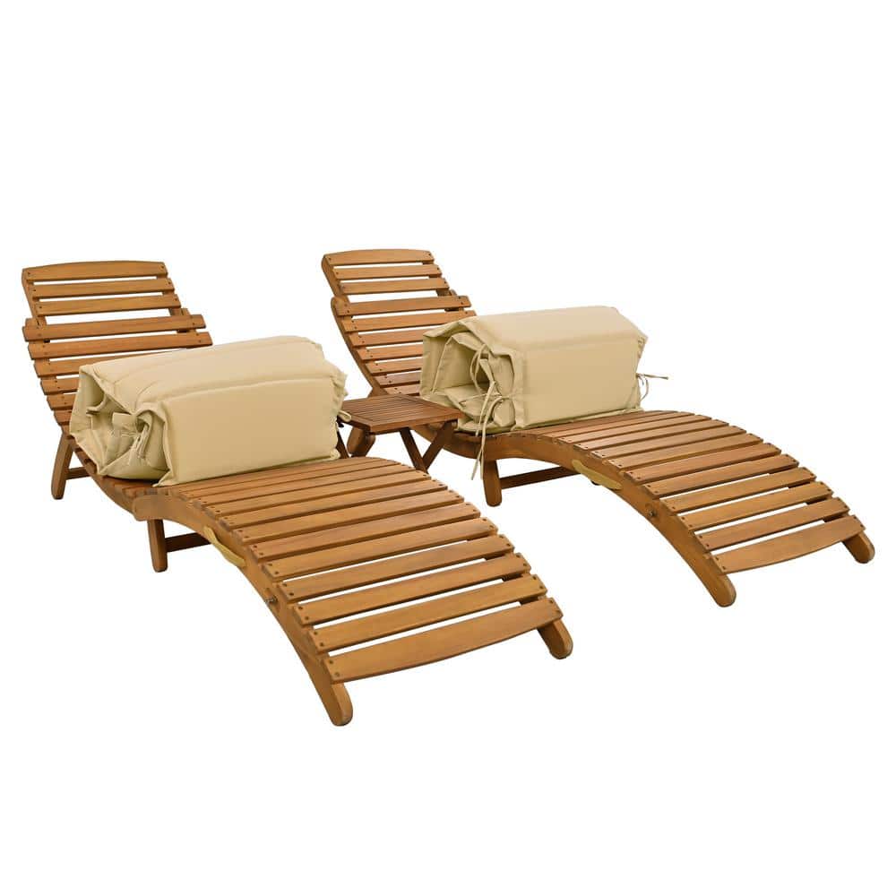 3-Piece Wood Outdoor Portable Extended Chaise Lounge Set with Foldable Tea 