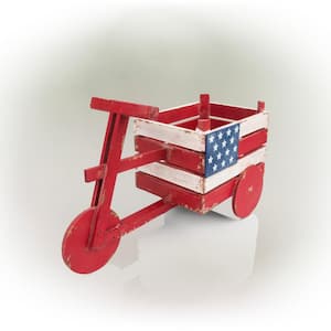 10 in. Tall Indoor/Outdoor Rustic Wooden American Flag Tricycle Planter, Red, White, and Blue