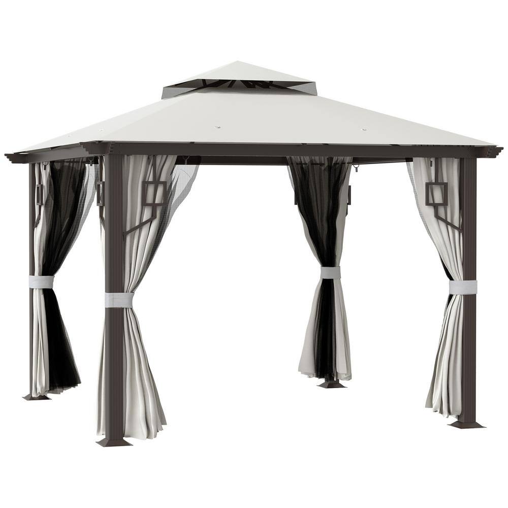 Cream White 10' x 10' Aluminum Frame Patio Gazebo with Netting and Curtains