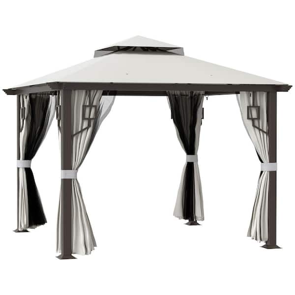 10 ft. x 10 ft. Patio Gazebo Outdoor Cream White Canopy Shelter with Double Tier Roof, Netting and Curtains