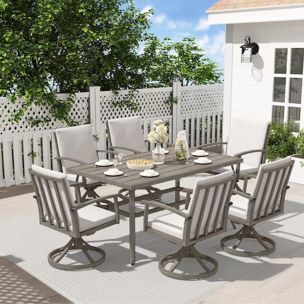 AluLux 7-Piece Aluminum Outdoor Dining Set with Swivel Rockers Chairs and Gray Cushions