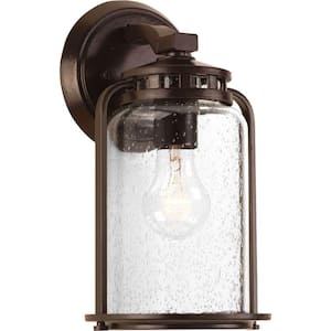 Botta Collection 1-Light Antique Bronze Clear Seeded Glass Farmhouse Outdoor Small Wall Lantern Light