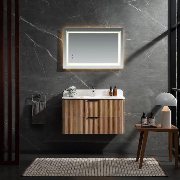 Wenlorin 36 in. Single Sink Floating Oak Bath Vanity with White Acrylic Top Pre-Assembled