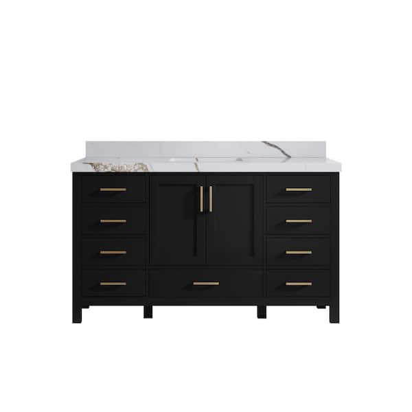 Willow Collections Malibu 60 in. W x 22 in. D x 36 in. H Single Sink Bath Vanity in Black with 2 in. Calacatta Gold Top