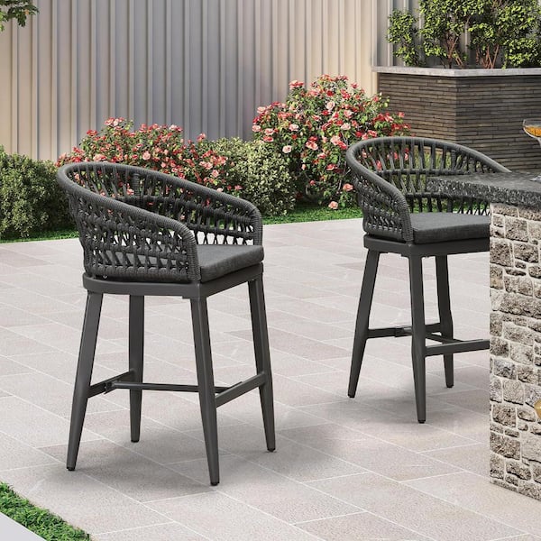 Modern Aluminum Rattan Counter Height Outdoor Bar Stool with Back and Grey Cushion (2-Pack)