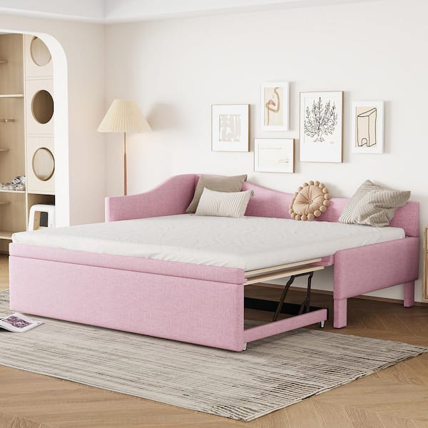 Modern Pink Upholstered Twin Daybed with Pop Up Trundle