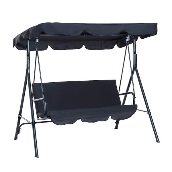 Tenleaf 67.75 in. 3-Person Metal Outdoor Patio Swing with Black Removable Cushion, Adjustable Tilt Canopy and Steel Frame Stand
