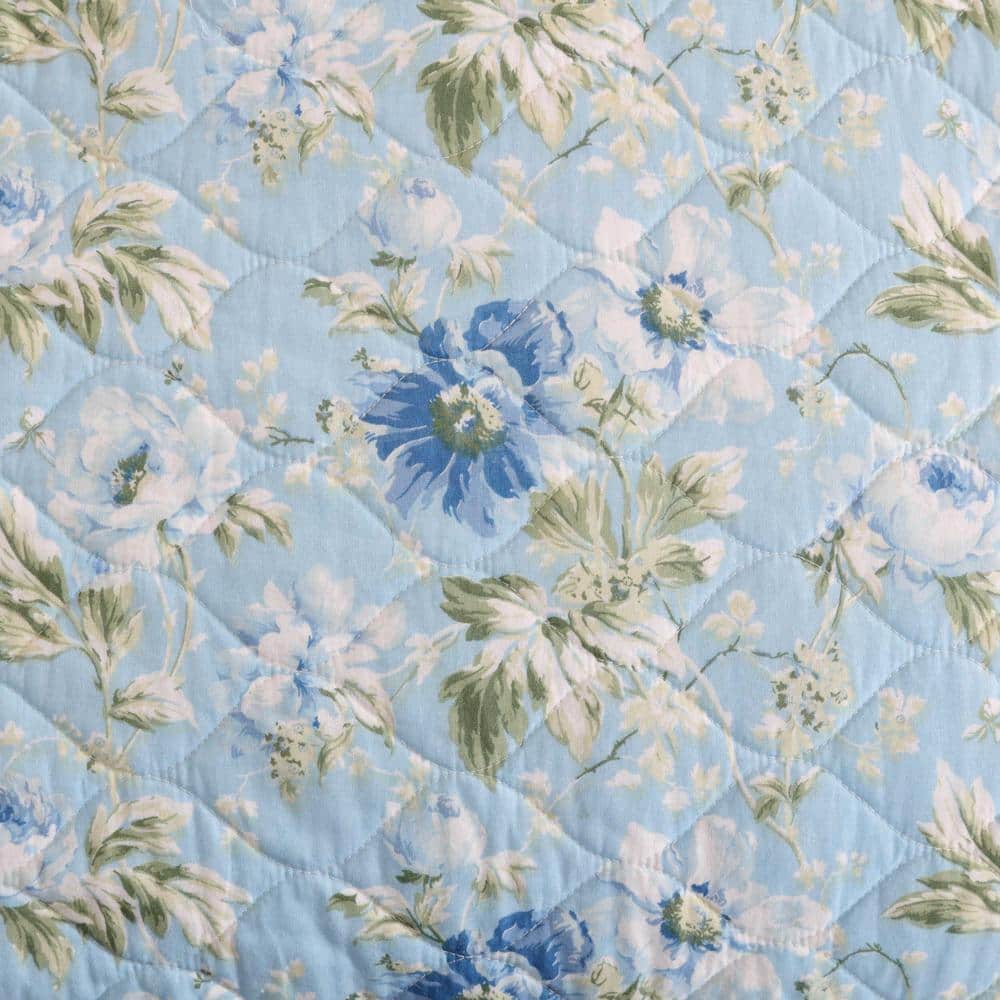 Blue Twin Cotton Reversible Quilt Set with Floral Design