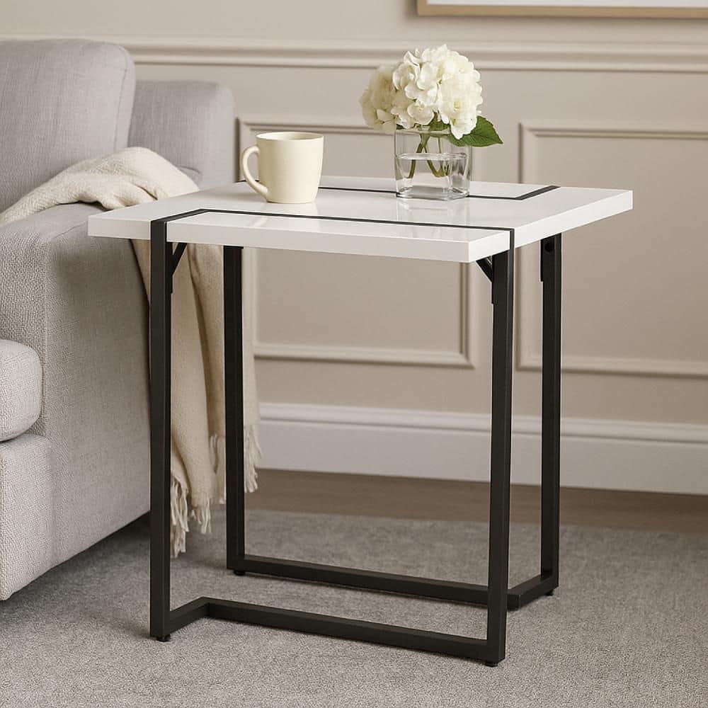 Iry 22 in. Gloss White and Black Square Wood Top Side End Table with Black Steel Sled Base price history on PriceWatchPro