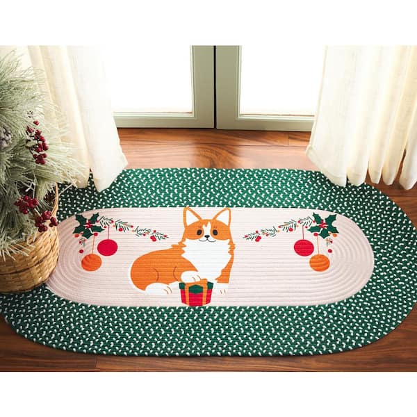 Braided Posters Ivory/Green 2 ft. x 4 ft. Machine Washable Merry Christmas Runner Rug