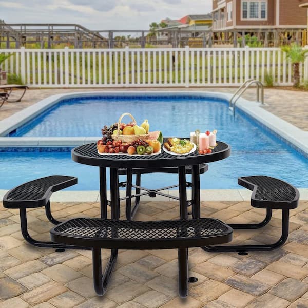 Black Round Outdoor Steel Picnic Table Dining Table 46 in. with Umbrella Pole