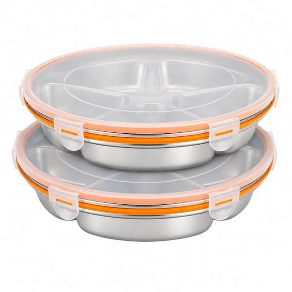 2 Pack 10.3 in. W x 1.9 in. H x 10.3 in. D Silver Stainless Steel Divided Serving Tray with Lid for Party Entertaining