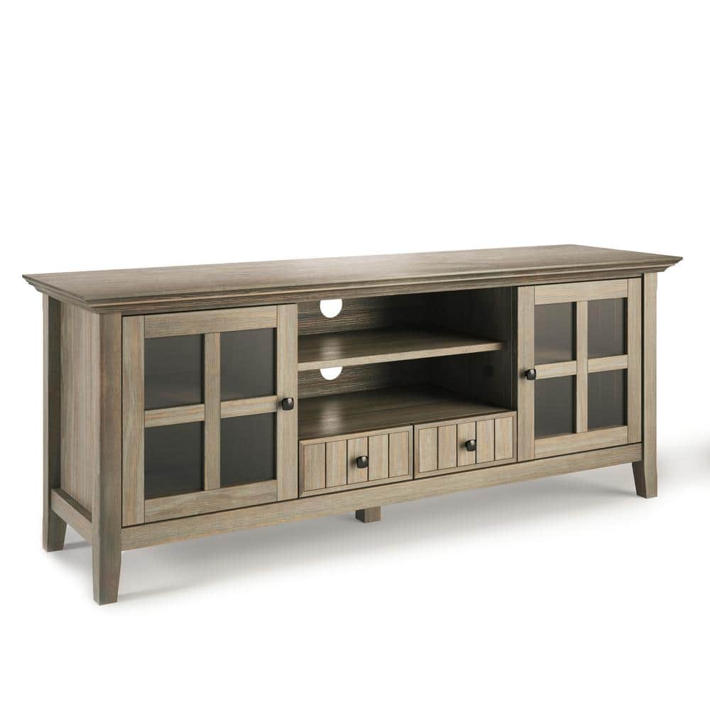 Simpli Home Acadian 60 in. Distressed Grey Transitional TV Stand with 2