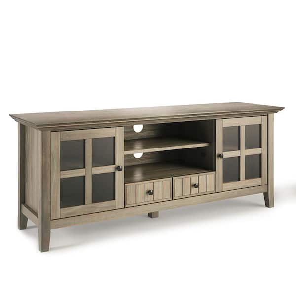 Simpli Home Acadian 60 in. Distressed Grey Transitional TV Stand with 2 Drawer Fits TVs Up to 65 in. with Storage Doors