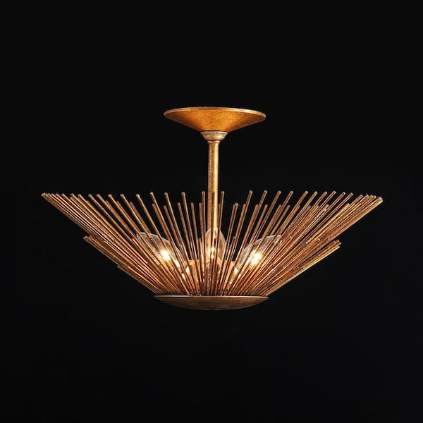 HUOKU Dopul 3-Light 17 in.W Distressed Gold Semi-Flush Mount Cone